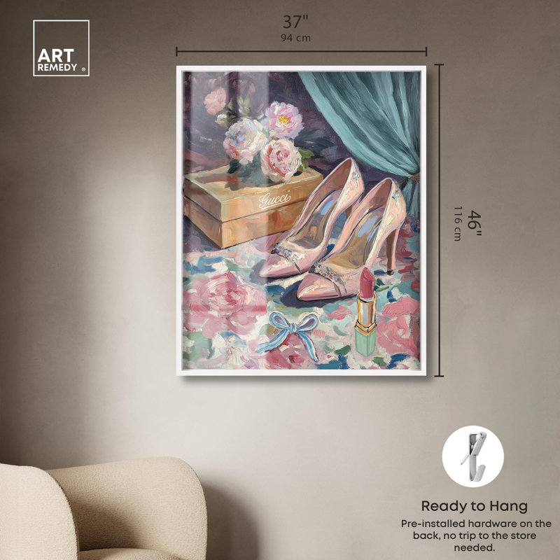«Pink Heels Shadowbox Print» par Art Remedy, H 46 po x l 37 po, Blanc