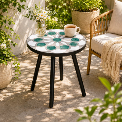 18" Round Mosaic Outdoor Side Table - Handcrafted Art Deco Patio End Table With Rust-Resistant Powder-Coated Metal Frame For Garden, Balcony & Living Room