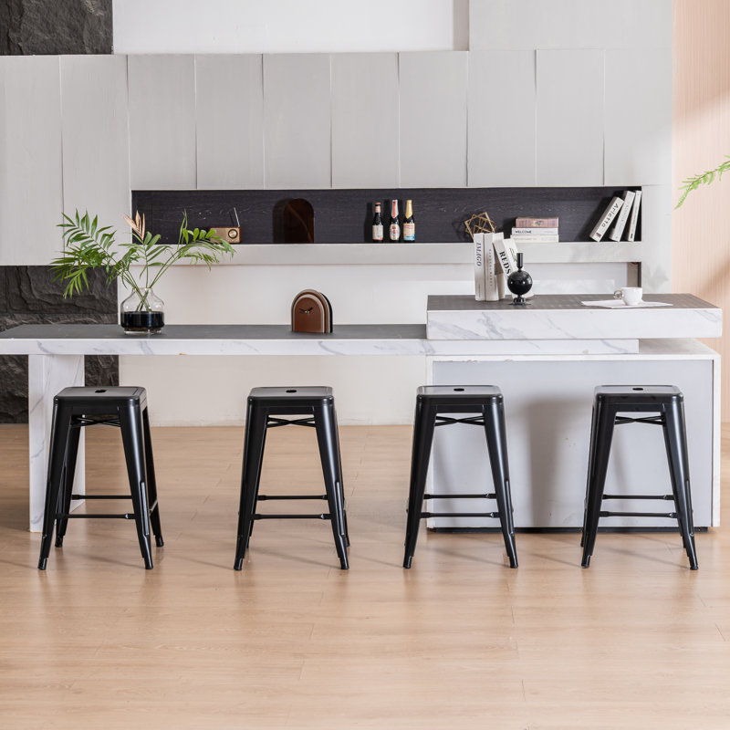 24''H Modern Counter Stool with Metal Frame, Backless Stackable Bar Stool, Matte Black