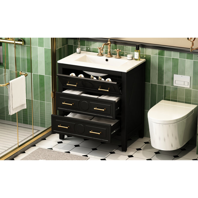 Meuble-lavabo de 30 po avec lavabo en céramique, 3 tiroirs, structure en bois massif, charnières réglables à fermeture douce, conception classique, solution de rangement polyvalente, grand espace, meuble-lavabo, planche simple, métal doré