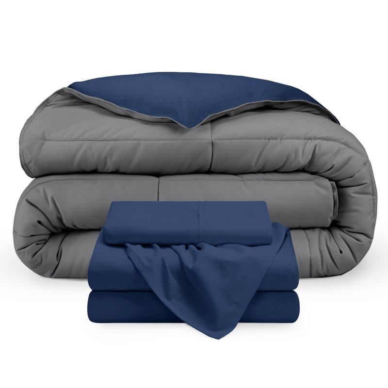 Lit dans un sac réversible en microfibre, Bleu moyen / gris, bleu moyen, Édredon simple extra long + 1 taie d'oreiller