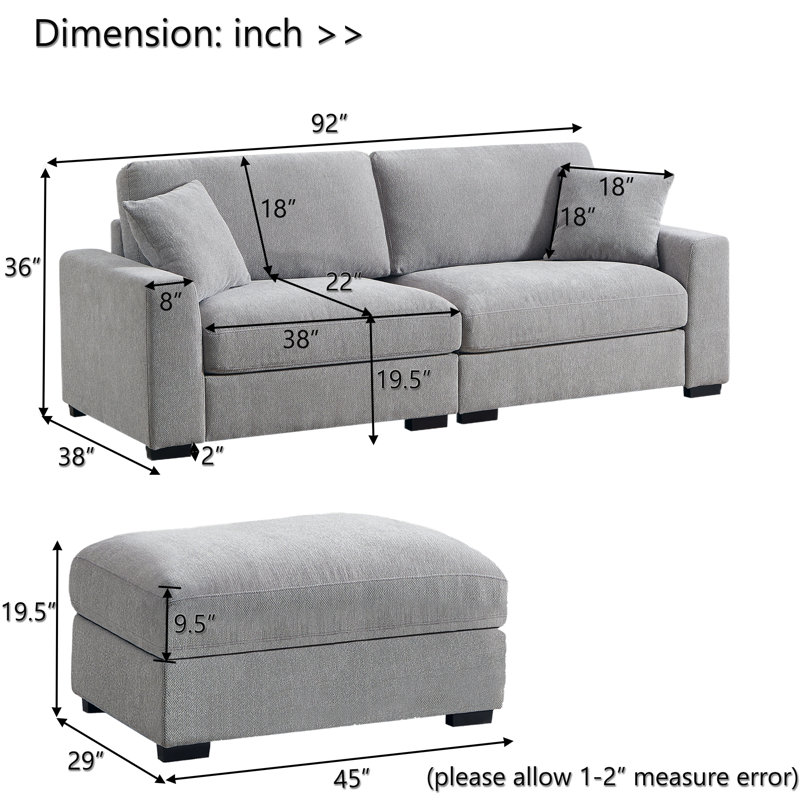 Aniessa 92'' Upholstered Sofa with Reversible Ottoman, Light Gray Polyester Blend
