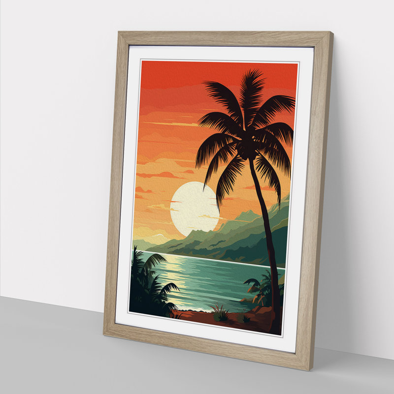 Palm Tree Art Deco - Single Picture Frame Print on Wood, Oak Framed, 64cm H x 46cm W