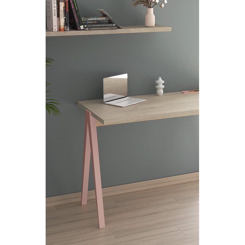 Dikili Solid Wood Base Writing Desk, Light Oak/Pink