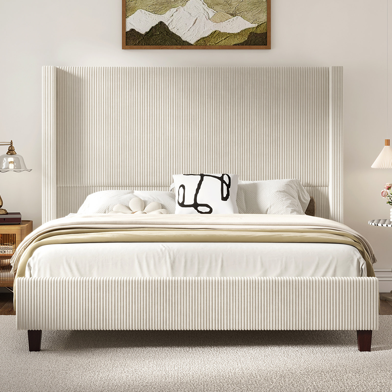 Premium Photo  Bedroom with white capitone headboard glass shelves with  messages