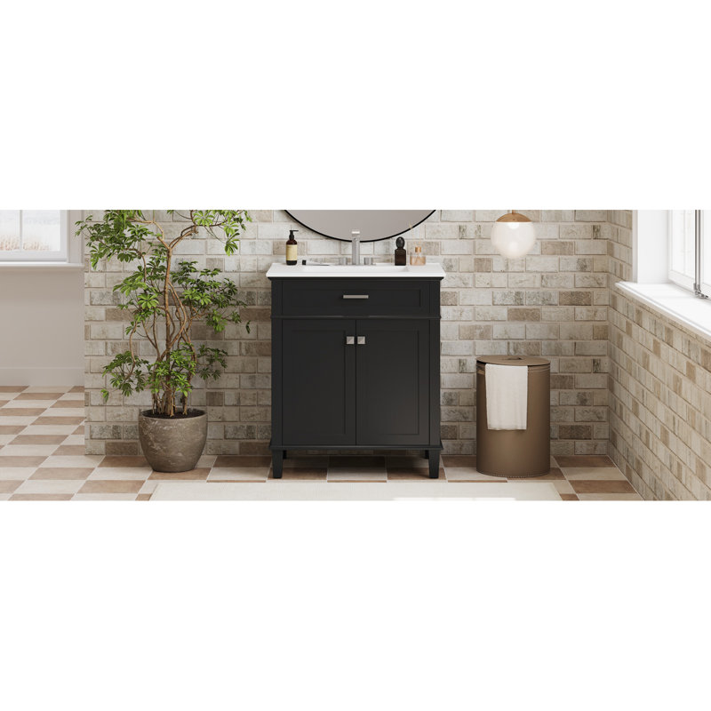 Meuble-lavabo moderne de 30 pouces avec lavabo en céramique, tablettes réglables, finition noire pour optimiser l'espace - noir, lavabo, utilisation à long terme, portes à fermeture en douceur