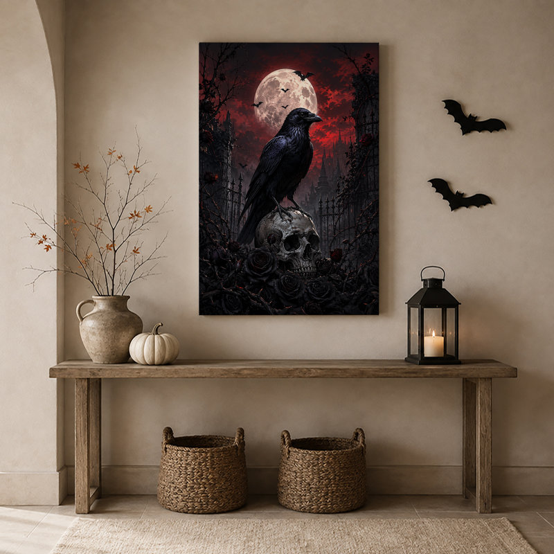Art mural sur toile, corbeau noir perché sur un crâne sous la lune rouge, H 30 po x l 20 po