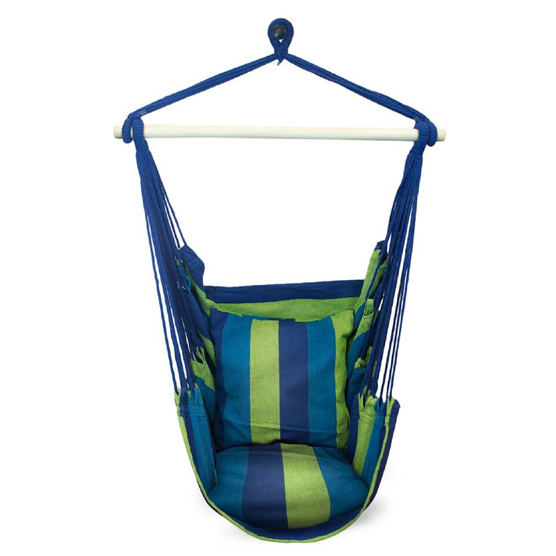 Blue and Green Striped Hanging Hammock Chair with Cushions