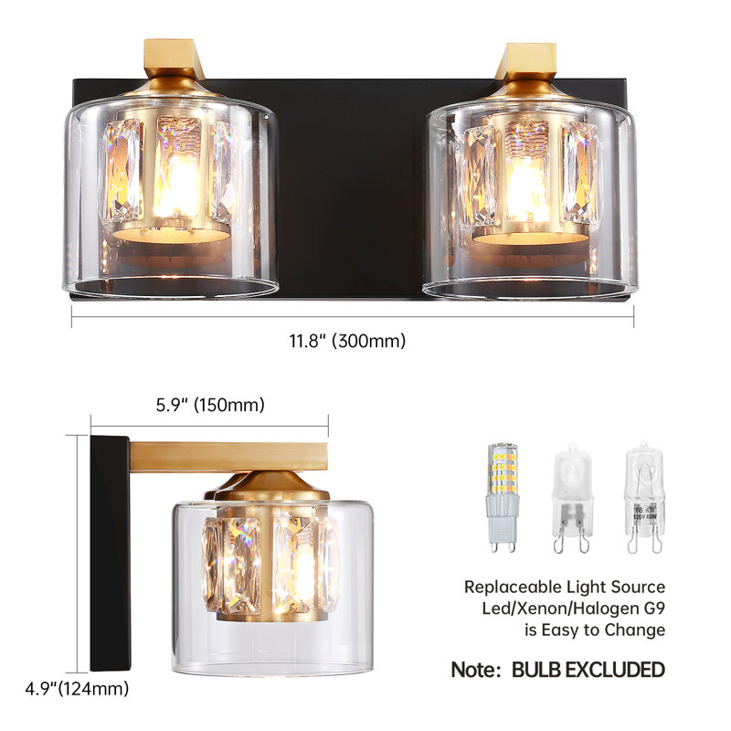 Delvon  2-Light Vanity Wall Sconce with Clear Glass and Crystal Accents – Stylish Lighting for Hallways and Bedrooms