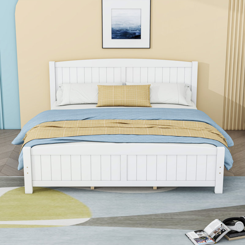 Lit plateforme en bois avec tête de lit et pieds de soutien, Blanc, Très grand lit