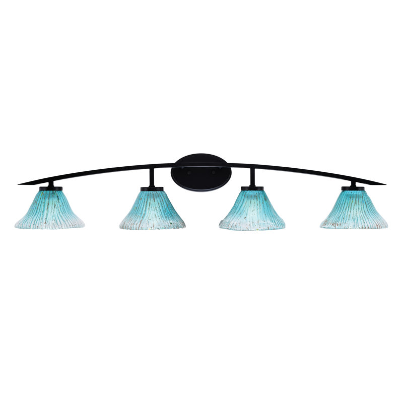 Barre d'éclairage de salle de bain 4 lumières avec verre cristal bleu sarcelle 7 po, Noir mat