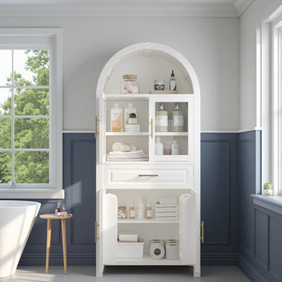 Farmhouse Arched Bathroom Storage Cabinet With Glass Door, 2 Adjustable Shelves & Barn Door Design