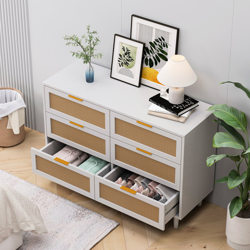 Armoire de rangement 43,53 ", 6 tiroirs, blanc. Espace de rangement pratique et pratique pour 6 pièces de chambre à coucher et de salon, organisé