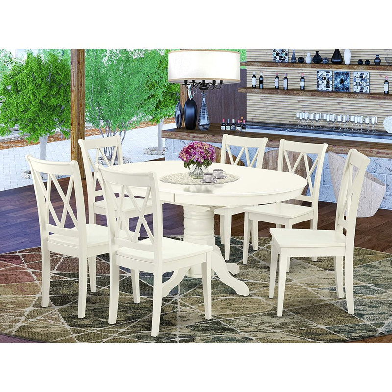 Ensemble de table de salle à manger 7 pièces composé d'une table ovale en bois avec rallonge papillon et de 6 chaises de salle à manger, lin blanc