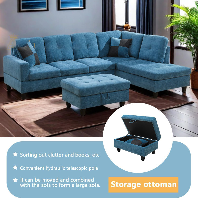 Canapé modulaire en flanelle 3 pièces, Orienté à droite, Bleu