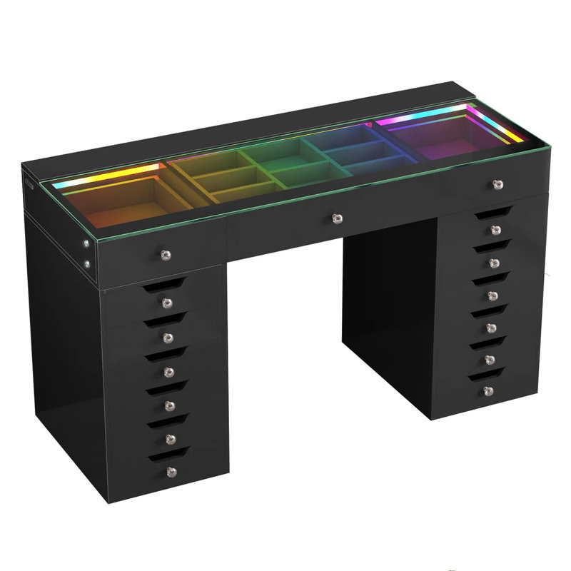 Dessus de meuble-lavabo avec plateau en verre et bandes lumineuses à DEL encastrées à grandes poignées en forme de losange à 15 tiroirs USB et Type-C