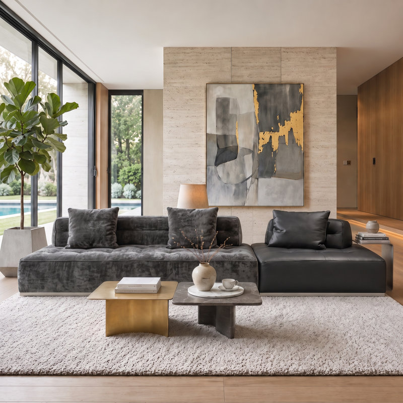 Canapé d'angle modulaire moderne 2 pièces avec dossiers amovibles, revêtement en chenille et cuir véritable, 336 cm de large, gris et noir