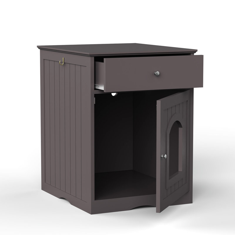 Solid Wood Pet House Cat Litter Box Enclosure With Side Table And Drawer, Indoor Crate, Brown Nightstand For Cats Wooden Crate Table, Home