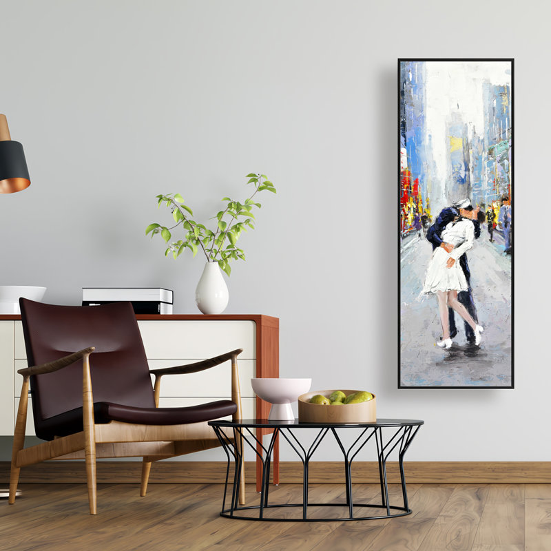 «Kiss of Times Square», art contemporain sur toile encadré, H 49,25 po x l 17,25 po