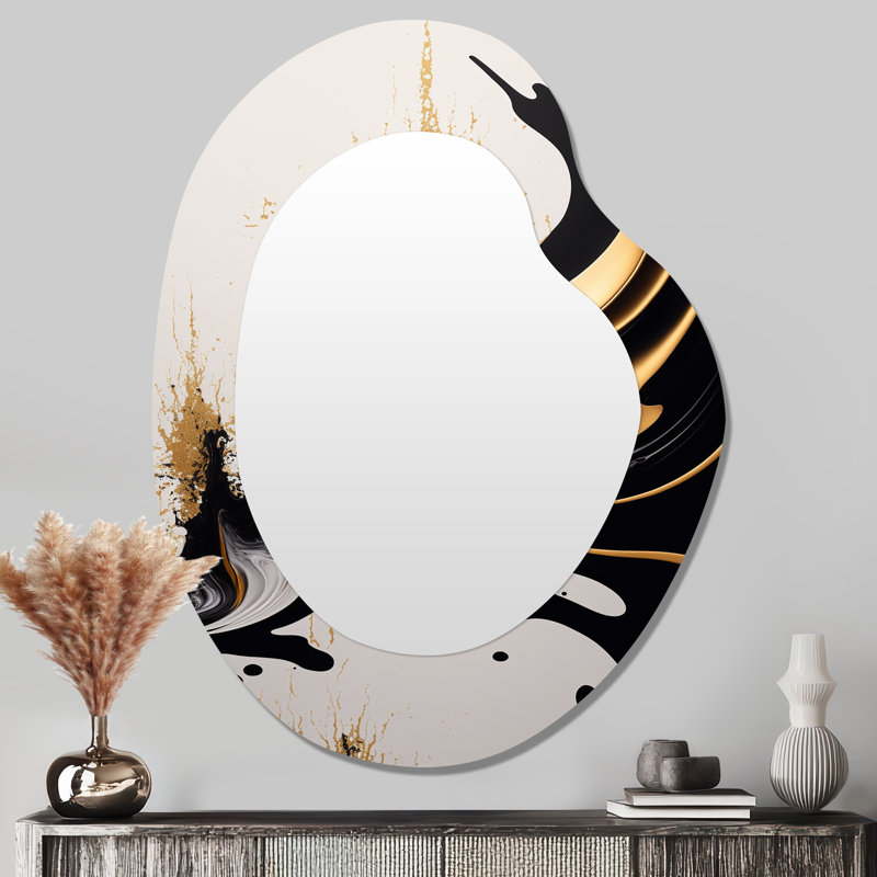 Black And Gold Wave - Abstract Unique Shape Wall Mirror, Modern Asymmetrical Decorative Mirror, Printed Metal Art