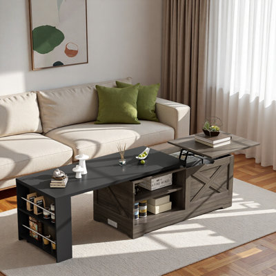 Table basse à plateau relevable Farmhouse avec portes de grange, grand espace de rangement caché, supports latéraux et tablettes ouvertes
