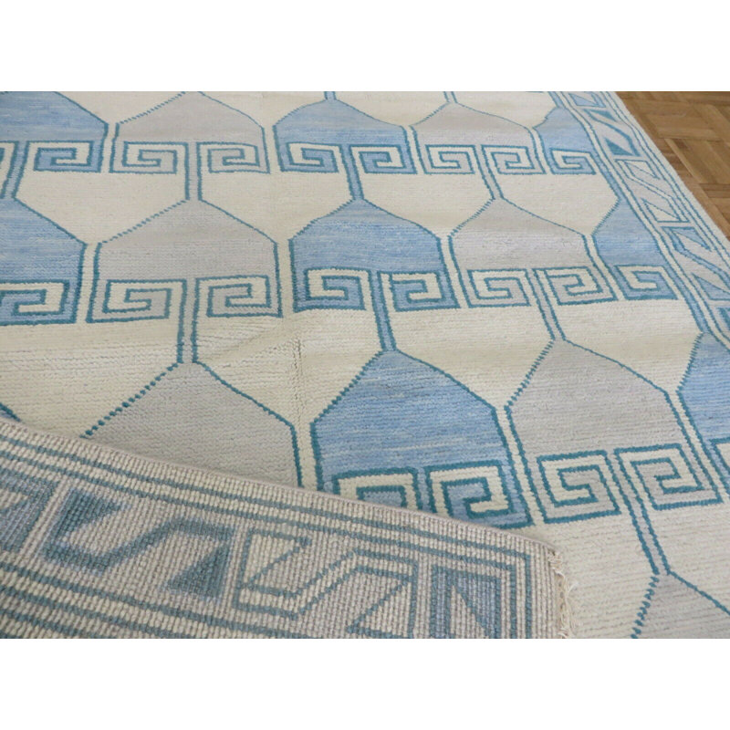 Tapis oriental géométrique noué à la main bleu clair Oushak, Rectangle 5 pi 1 po x 6 pi 11 po