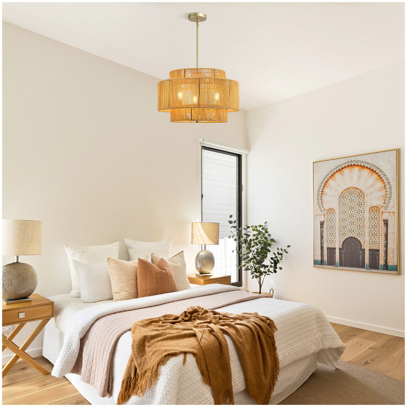 Lustre en rotin Boho, luminaire suspendu rustique moderne à 3 lumières pour salle à manger, salon, chambre à coucher, îlot de cuisine ((ampoules E12 non incluses)