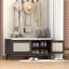 Banc d'entrée en rotin avec rangement Boho, banc à chaussures rembourré avec portes doubles, banc de rangement en bois pour vestibule et couloir (espresso + beige)-130150968