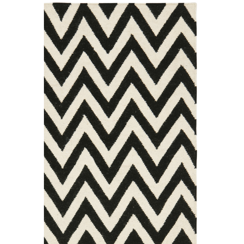 Tapis ivoire / noir en laine et coton tissé à la main Rodgers, Tapis de couloir 2 pi 6 po x 10 pi