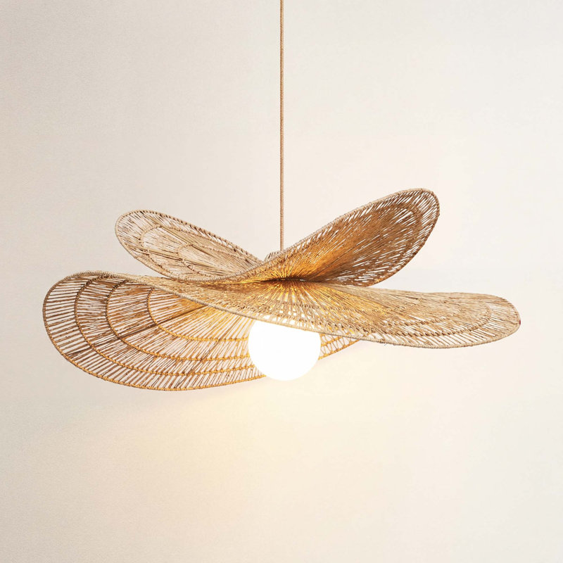 Whisper Leaf Outdoor Rattan Pendant Light - Large Natural Poly Novelty 1-Light Handwoven Adjustable Outdoor Hanging Light For Covered Patio, Entryway In Coastal, Farmhouse, Country & Rustic Style