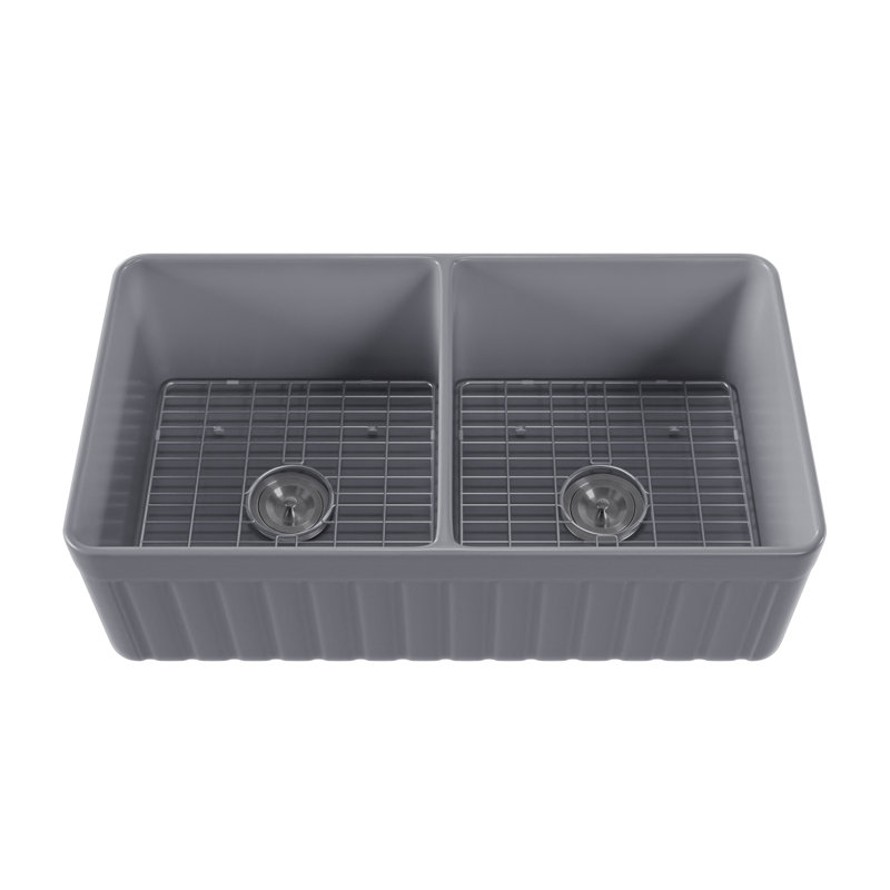 Évier de cuisine à double cuve en argile réfractaire avec grille d'évier et crépine à panier Nova L 33 po x l 18 po Nova
