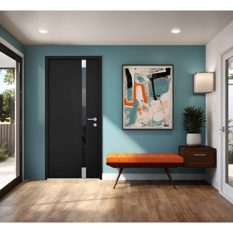 Porte d'entrée extérieure prémontée en acier Cynex 6777, partie supérieure noire, fenêtre extérieure avec inserts en acier inoxydable, style moderne, peinte, largeur 36 po x hauteur 80 + 16 po, ouverture à gauche vers l'intérieur
