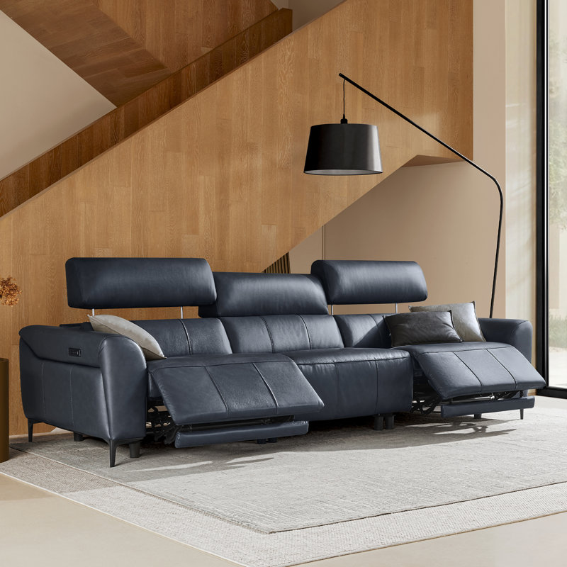 Canapé mural 3 pièces en cuir véritable à double moteur avec appui-tête électrique et sièges à double puissance, Marine