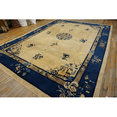 Knotted Wool Chinese Ivory Antique Room Size 1920s Rectangle - Peking Rug