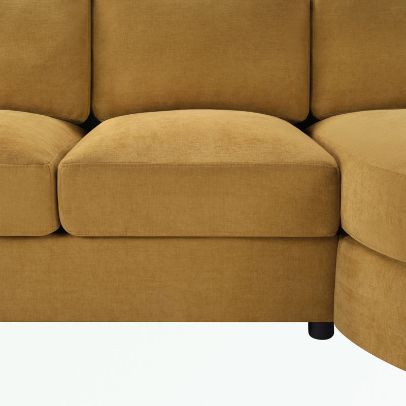 L-shaped Sofa with a Curved Chaise Lounge, USB Ports and Side Storage Pockets, Yellow Chenille