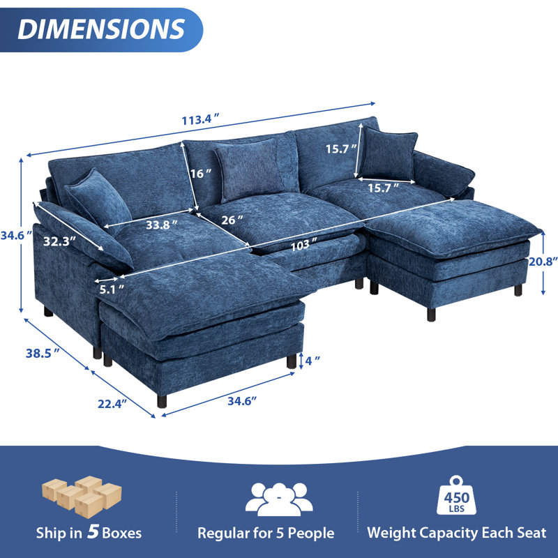 Canapé modulaire en U rembourré avec deux repose-pieds, Chenille bleu, H 34,6 po x l 111,8 po x P 57,8 po