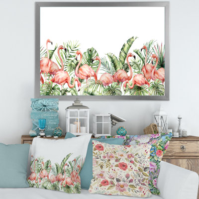 " Pink Flamingos And Palm Leaves And Tropical Birds " Painting Print