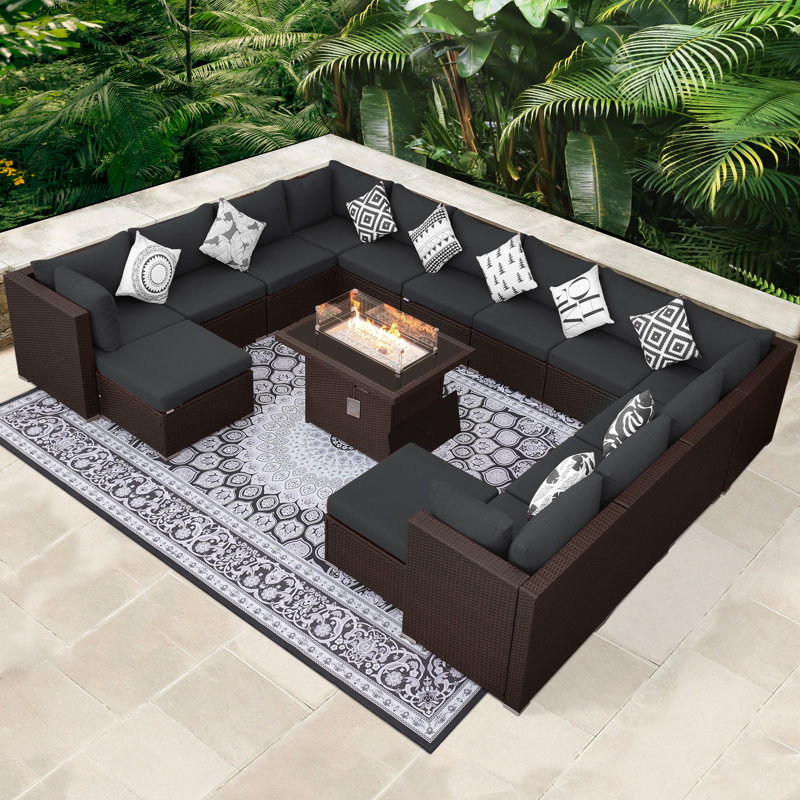 Pashk 12-Person 15-Piece Modular Wicker Outdoor Sectional Conversation Set with Cushions & 60,000 BTU Propane/Natural Gas Fire Pit Table