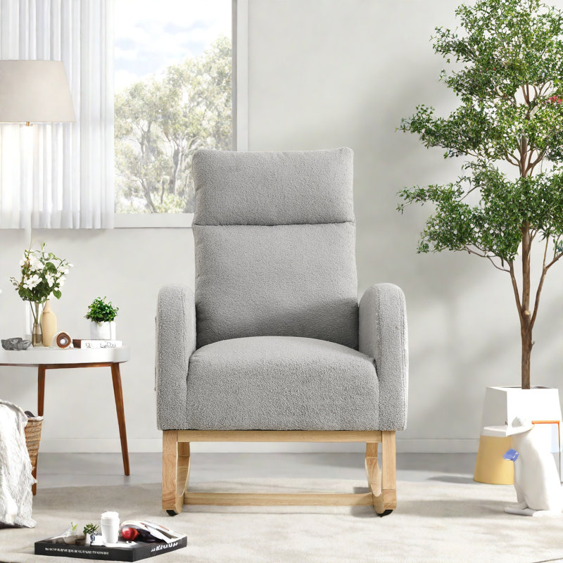 Fauteuil à bascule moderne avec accoudoirs de salon à dossier haut l 27,6 po et deux poches latérales, Gris
