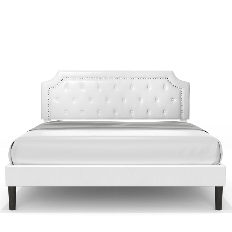 Jashod Bed Frame Upholstered Low Profile Platform Bed with Tufted Faux Leather Headboard, White, Queen