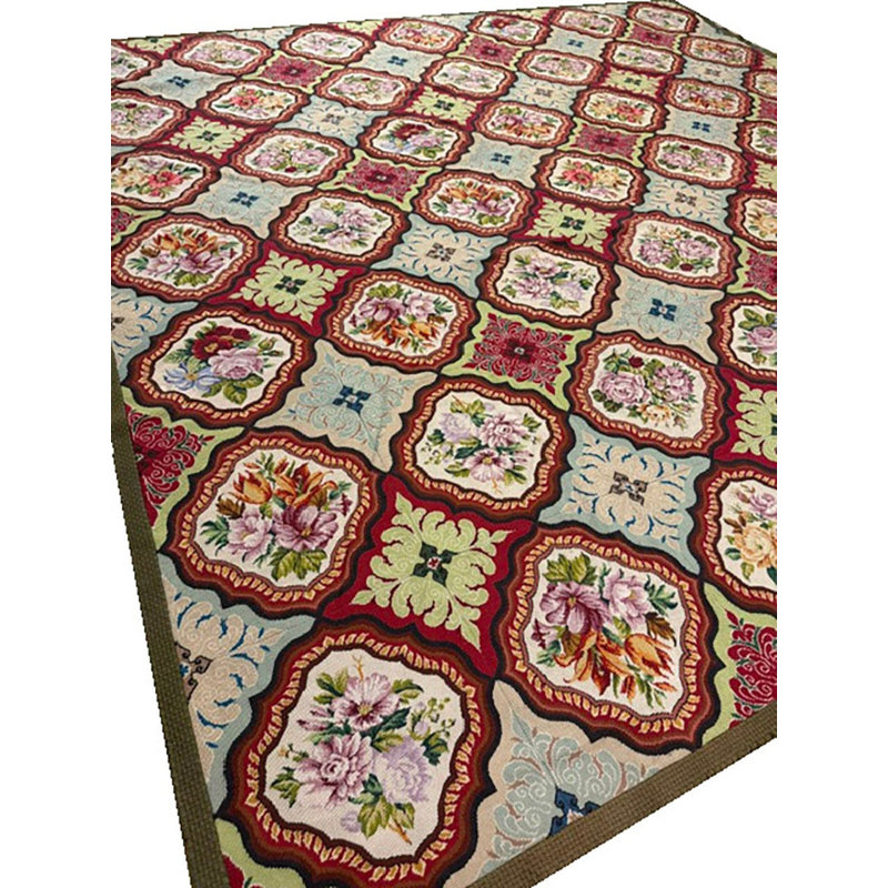 1880s Multicolor Floral Classical Antique European Needelpoint Wool Square Rug 11'0" x 12'0" Area Rug