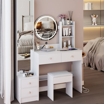Armoire à miroir pleine grandeur, miroir à DEL de 17 po de diamètre, coiffeuse ronde, 2 centrales électriques +, commande tactile, luminosité réglable en 3 couleurs, tabouret rembourré, garde-robe blanche de conception américaine