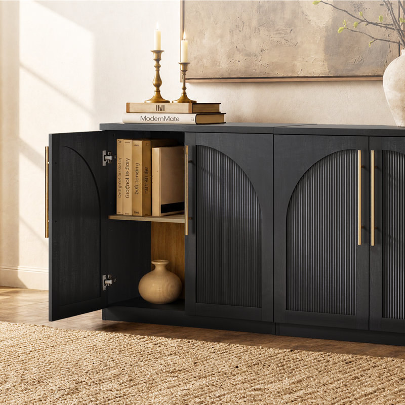 Ensemble de 2 meubles de rangement modulaires Adelle 62,2 po à caissons cannelés et cintrés modernes, poignées dorées, étagères réglables et charnières à fermeture douce.