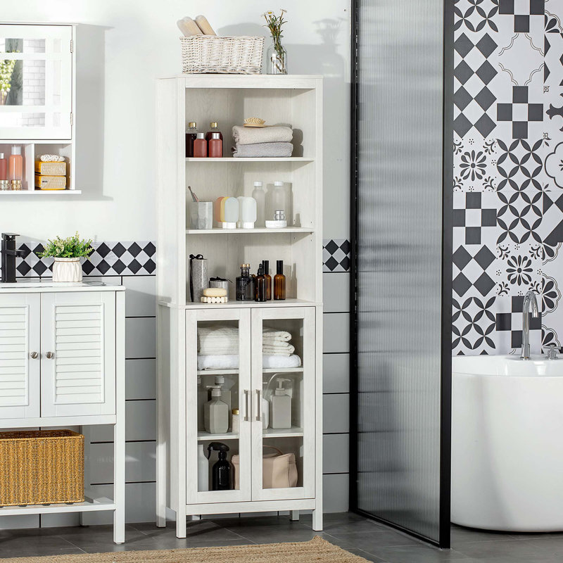 Tall Bathroom Storage Cabinet With 3 Tier Shelf, Glass Door Cabinet, Freestanding Linen Tower With Adjustable Shelves, White