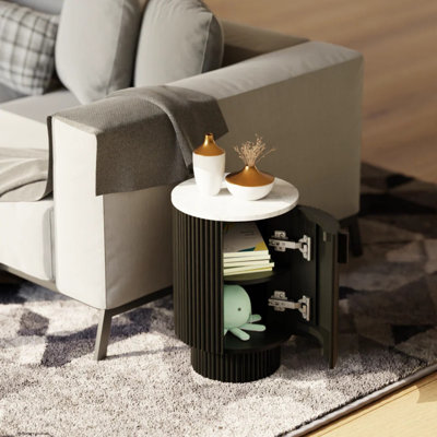Bensinger Modern Round White Marble End Table with Hidden Storage – Solid Wood Drum Base, Small Accent Side Table, Black & White
