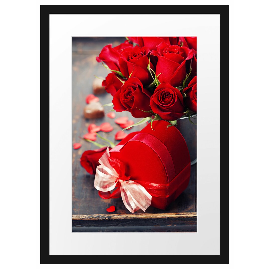 Gerahmtes Poster Rosen mit Herz