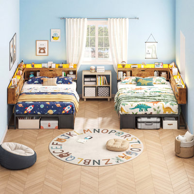 Full Corner Daybed Frame with 6 Drawers and Storage Bookcase Daybed with Charging Station and LED Lights