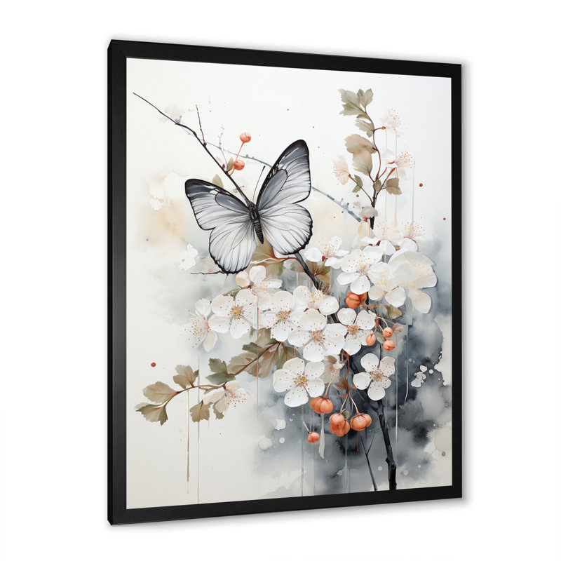 Keishasha, art asiatique, papillon blanc et gris sur toile, H 44 po x l 34 po x P 1,5 po, Cadre photo noir