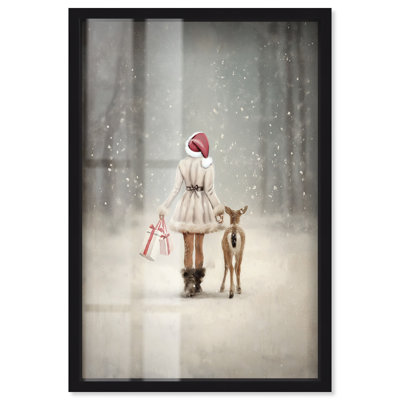 «Girl and Deer in Snow Shadowbox», impression murale de Noël par Art Remedy, cadre noir, 11 x 16