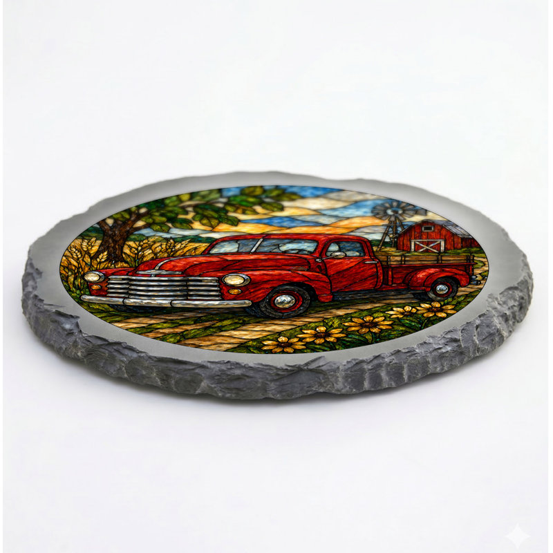 PAS TOTAL - Vitrail ASPECT VINTAGE CAMION ROUGE PIERRE GRIS
